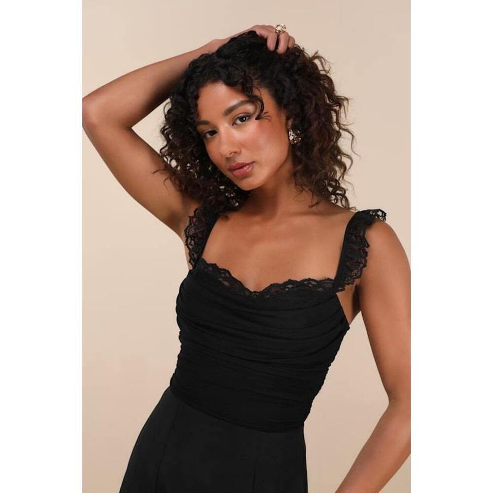 NEW Lulus Norina Black Mesh Ruched Ruched Lace Bodysuit - Size S